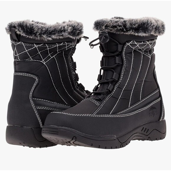 🥾TOTES Eve Winter Storm Snow BOOTS Black Quilted White Stitch Faux Fur Sz 7 EuC - Picture 1 of 12